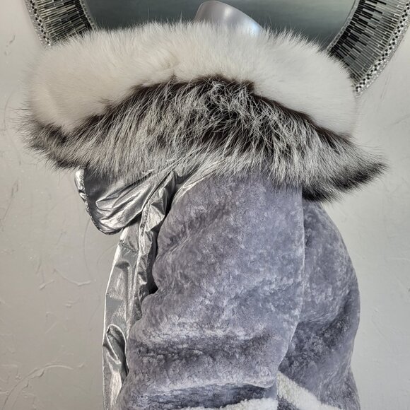 MITCHIE'S~M/L~SILVER GRAY GENUINE SHEARLING REAL FOX FUR HOODED PARKA COAT - Picture 6 of 16
